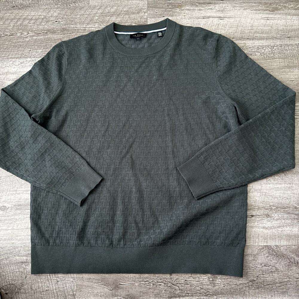 Ted Baker Crew Neck Sweater Mens Sz 5 XL Green Gray Basketweave Jumper Pullover